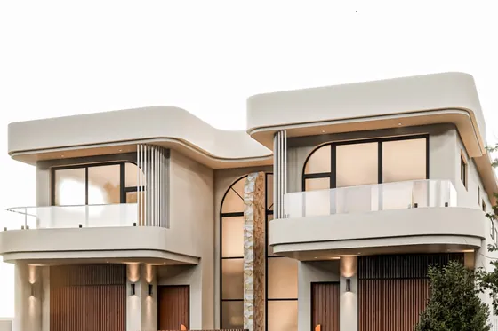 Architectural render: street view of the duplex in Sylvania by St Anthony Building Group, two double-storey homes with curved rendered balconies