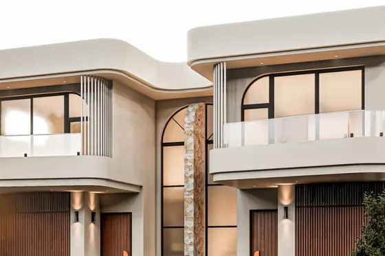Architectural render: street view of the completed duplex in Sylvania by St Anthony Building Group, two double-storey homes with curved rendered balconies