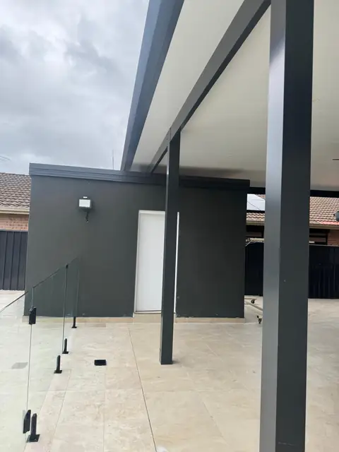 Rendered outdoor structure and covered area beside the pool – renovation at 21 Aylesbury Crescent, Chipping Norton