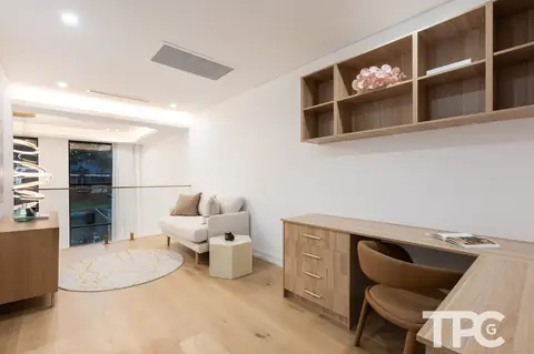 Study with built-in desk and timber shelving – knockdown rebuild at 146 Wattle Road, Sutherland