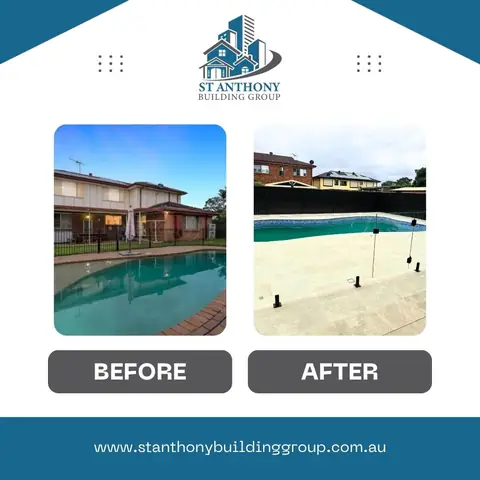 Before and after photos of the pool area – renovation at 21 Aylesbury Crescent, Chipping Norton