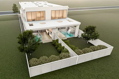 Architectural render: Aerial view of the rear, showing two separate backyards, each with a covered alfresco and a pool – duplex in Sylvania