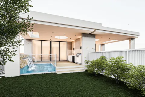 Architectural render: Covered alfresco with an outdoor kitchen, a pool with a water feature and a lawn – duplex in Sylvania