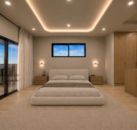 Architectural render: Bedroom with sliding doors to a balcony, feature ceiling lighting and a built-in wardrobe – duplex in Sylvania