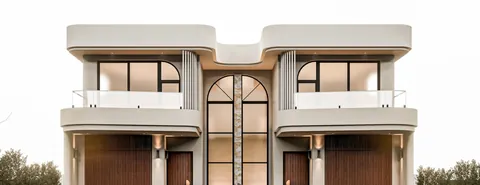 Architectural render: Front elevation of the two mirrored double-storey homes either side of a tall arched window – duplex in Sylvania