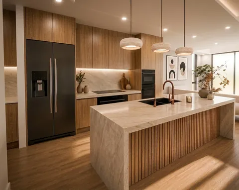 Architectural render: Kitchen with timber-look cabinetry, a stone splashback, island bench and copper-toned tapware – duplex in Sylvania