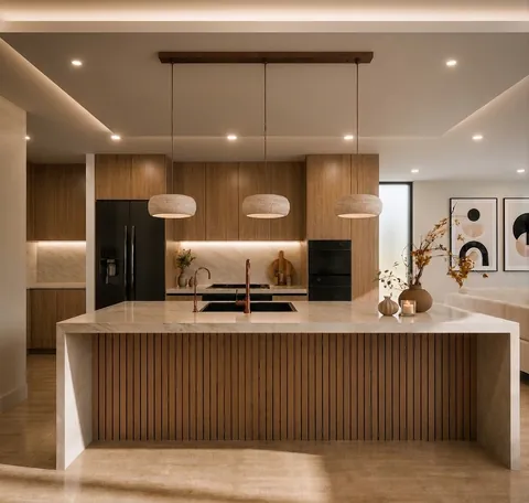 Architectural render: Kitchen with a waterfall stone island, fluted timber panelling and three pendant lights – duplex in Sylvania