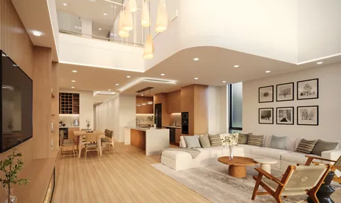 Architectural render: Open-plan living, dining and kitchen beneath a double-height void with pendant lights – duplex in Sylvania