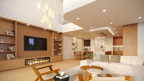 Architectural render: Living area with a built-in fireplace, timber battened TV wall and open shelving beneath the void – duplex in Sylvania