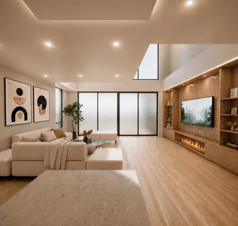 Architectural render: Living room with a sectional lounge, built-in fireplace and timber joinery – duplex in Sylvania